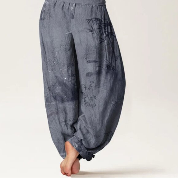 Buddha Stones bamboo rock ink painting women's elastic waist harem pants - Picture 2 of 4
